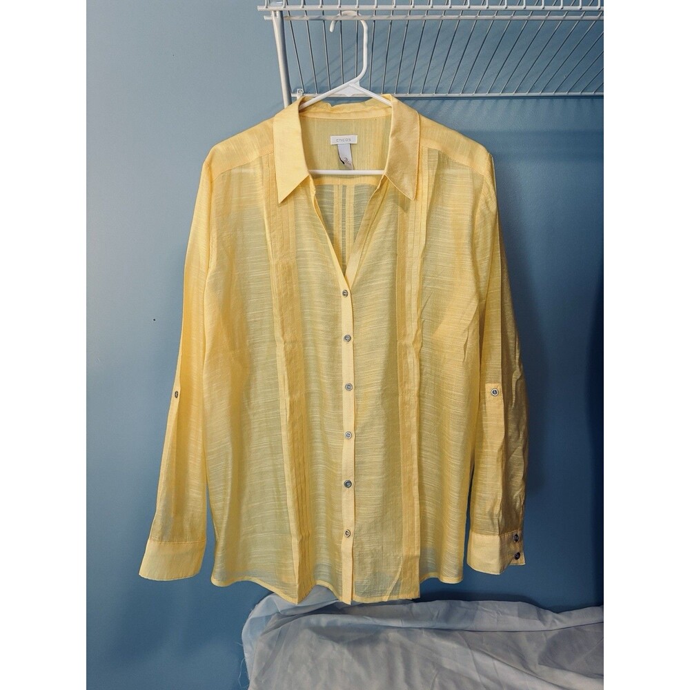 Chico's Women's Semi Sheer Button Front Top Shirt Roll Tab Sleeve Yellow Sz 3/L